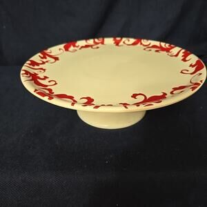 Ciroa Fiori Red Pedestal Cake Serving Plate Porcelain White Red Swirl Leaf Desig